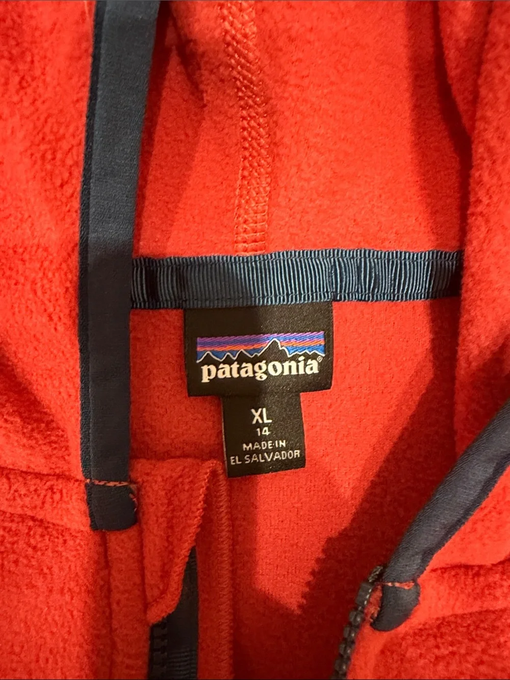 Patagonia Kids Hooded Fleece Jacket in Coral Red and Royal Blue